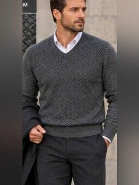 Perry Ellis Men's Charcoal Merino Wool Blend Textured V-Neck Sweater XL